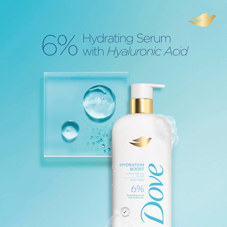 Dove Body Wash Hydration Boost Actively drenches dry skin 6% hydration serum with hyaluronic 18.5 oz