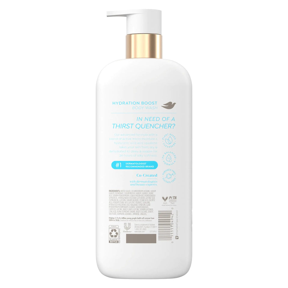 Dove Body Wash Hydration Boost Actively drenches dry skin 6% hydration serum with hyaluronic 18.5 oz